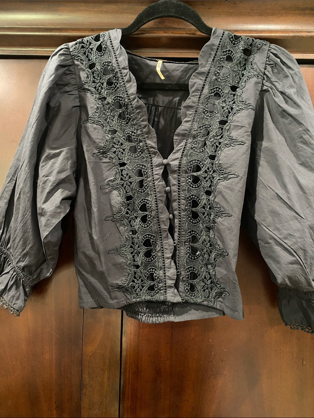 Free People Black Embroidered Button-Front Blouse